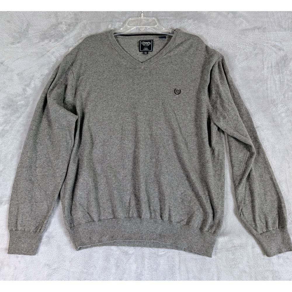 Chaps V-Neck Cashmere Blend Sweater Size XL Gray Classic Business Casual Preppy
